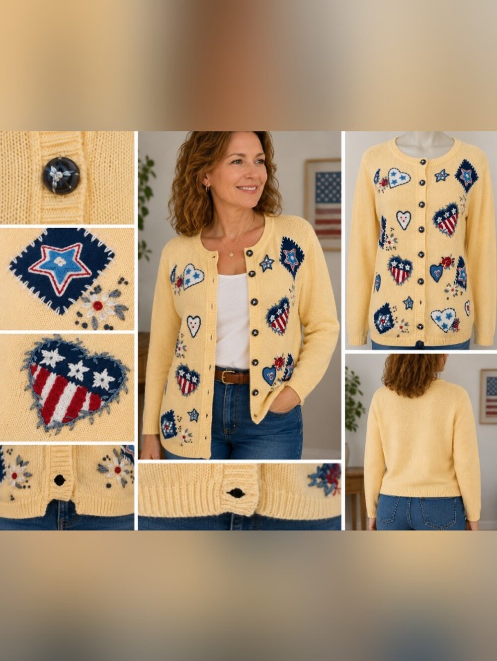 y2k patriotic patchwork cardigan americana hearts stars sweater small